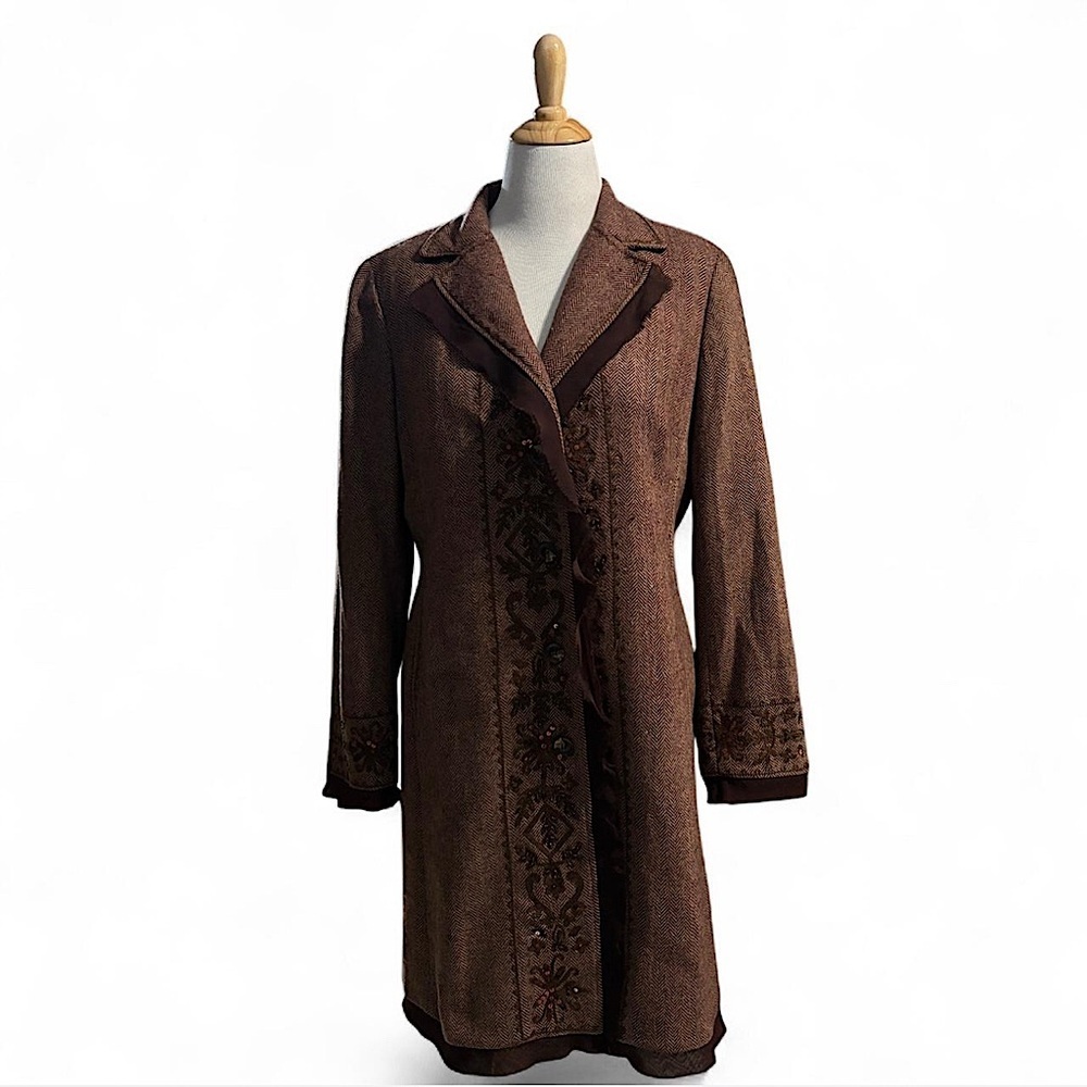 Y2K Focus 2000 Wool Blend Embroidered Long Coat Sz 16 Brown Boho Witchy Academia